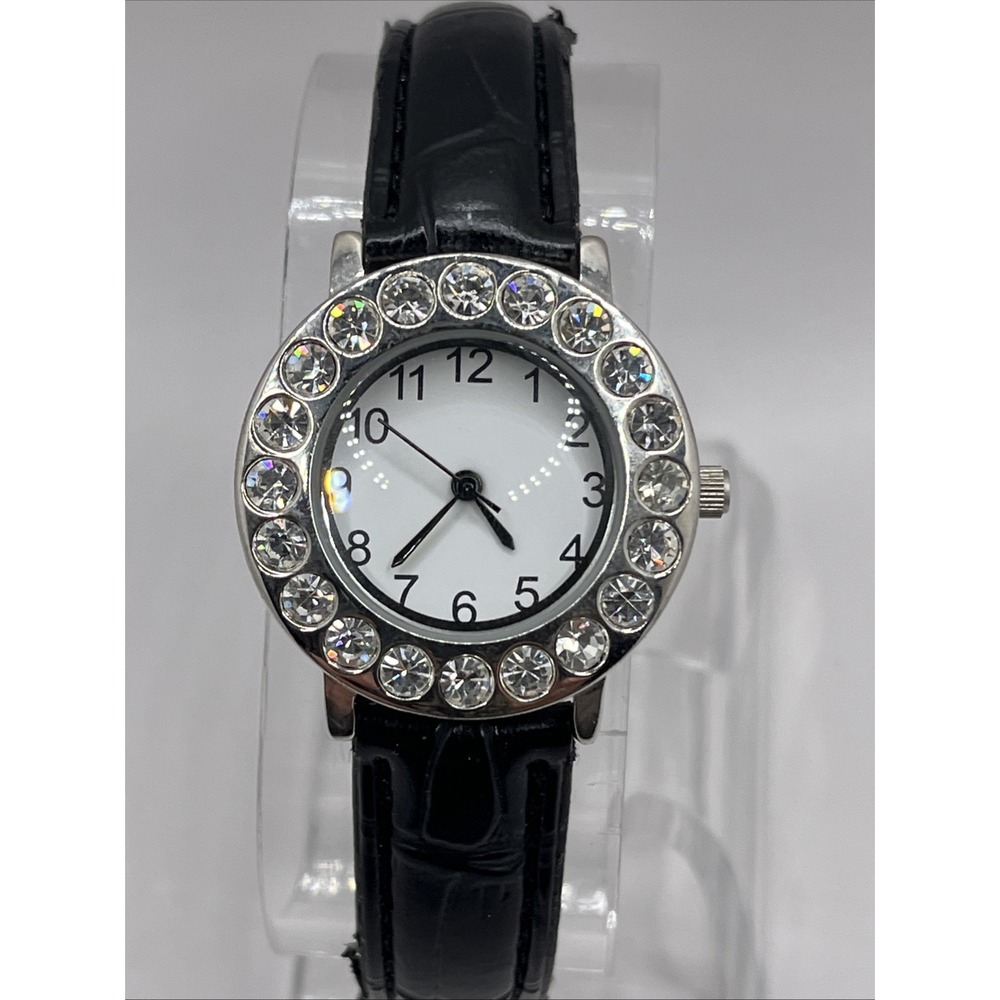 Avon Women's Quartz Watch Rhinestone Bezel Black Band 30mm- New Battery
